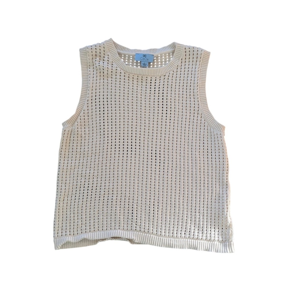 CeCe Women Large Cream Cotton Open Knit Sleeveless Sweater Vest Crochet Boho‎ L